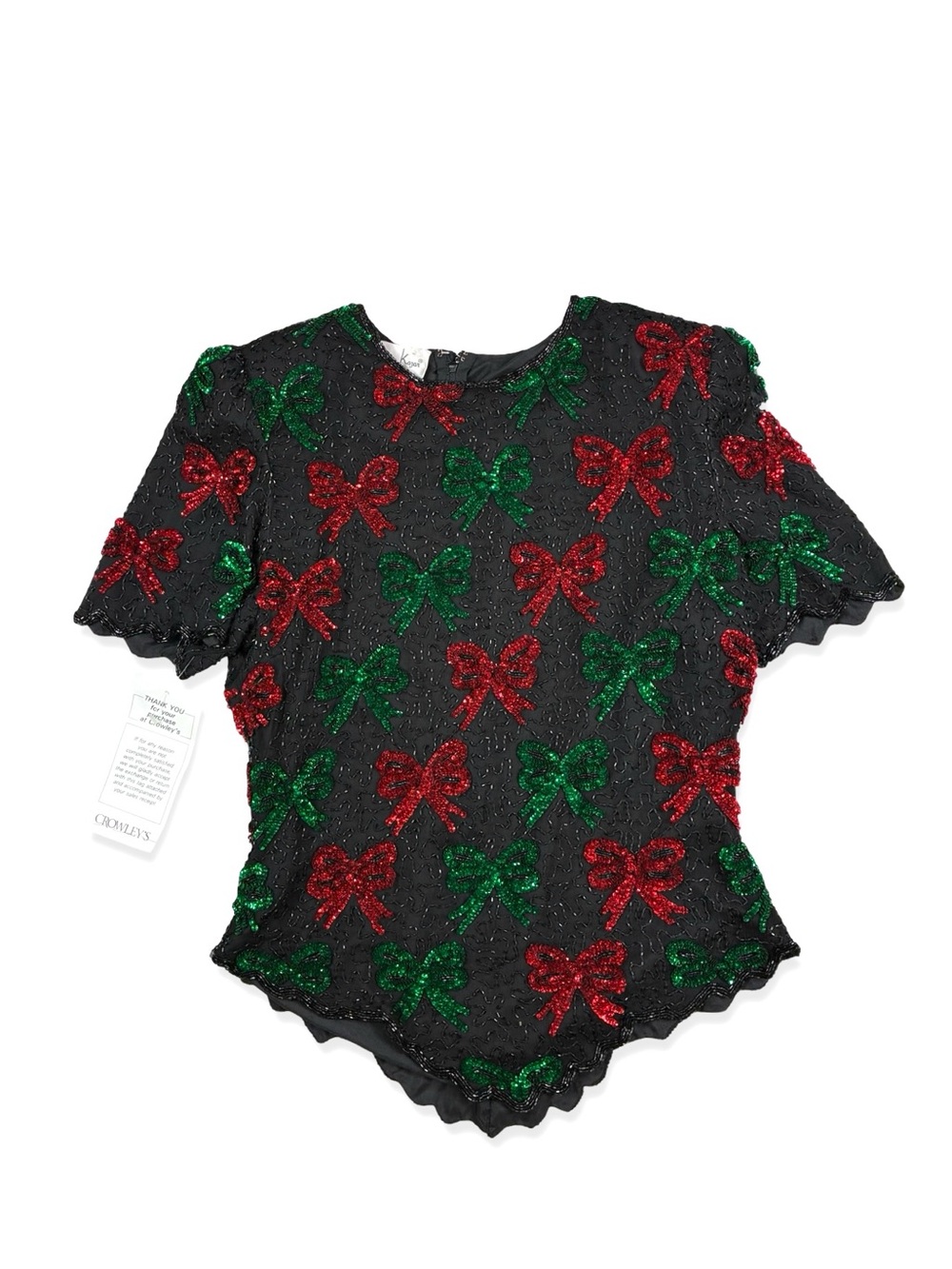 Laurence Kazar Vintage Beaded Sequin Red & Green Bows Christmas Top